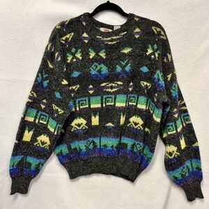 Vintage 90s Crew Neck Sweater Fuzzy Gray With Geometric Arcade Print